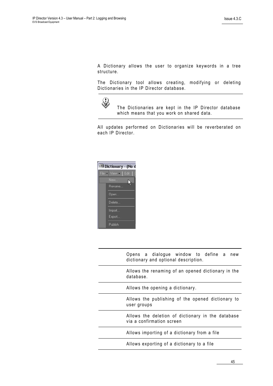 4 dictionary tool, 1 keyword dictionary menu, Dictionary tool | Keyword dictionary menu, Eyword, Ictionary | EVS IPDirector Version 4.3 - October 2007 Part 2 User's Manual User Manual | Page 58 / 143