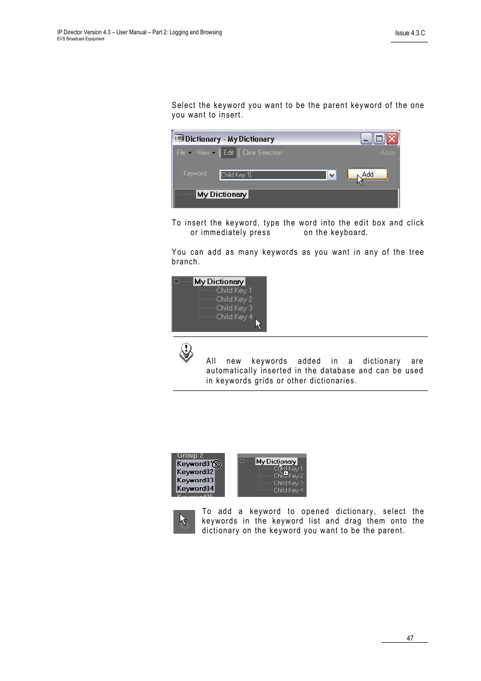 3 how to add new keywords in a dictionary, 4 how to add existing keywords in a dictionary, How to add new keywords in a dictionary | How to add existing keywords in a dictionary | EVS IPDirector Version 4.3 - October 2007 Part 2 User's Manual User Manual | Page 60 / 143