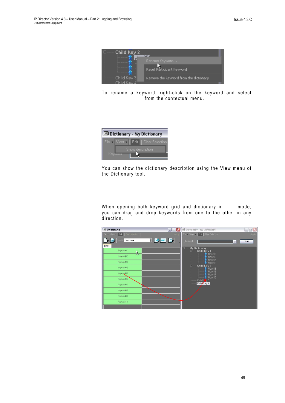 8 renaming keywords, 9 description view option, 10 dictionary and grid editing | Renaming keywords, Description view option, Dictionary and grid editing, 10 d | EVS IPDirector Version 4.3 - October 2007 Part 2 User's Manual User Manual | Page 62 / 143