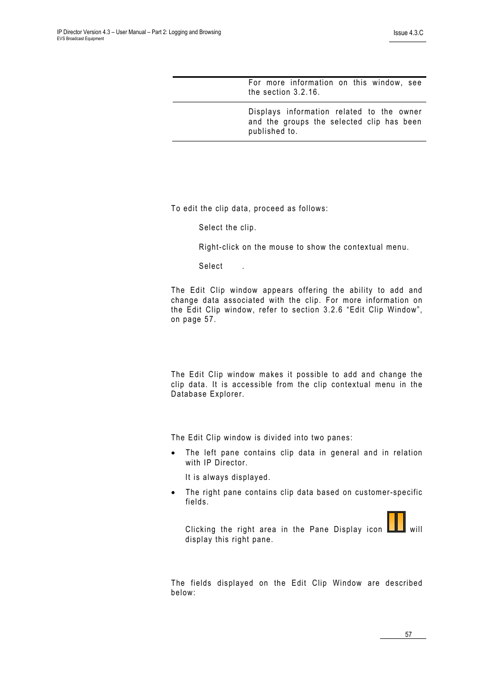 6 edit clip window, Window overview, Fields in the edit clip window | Edit clip window | EVS IPDirector Version 4.3 - October 2007 Part 2 User's Manual User Manual | Page 70 / 143