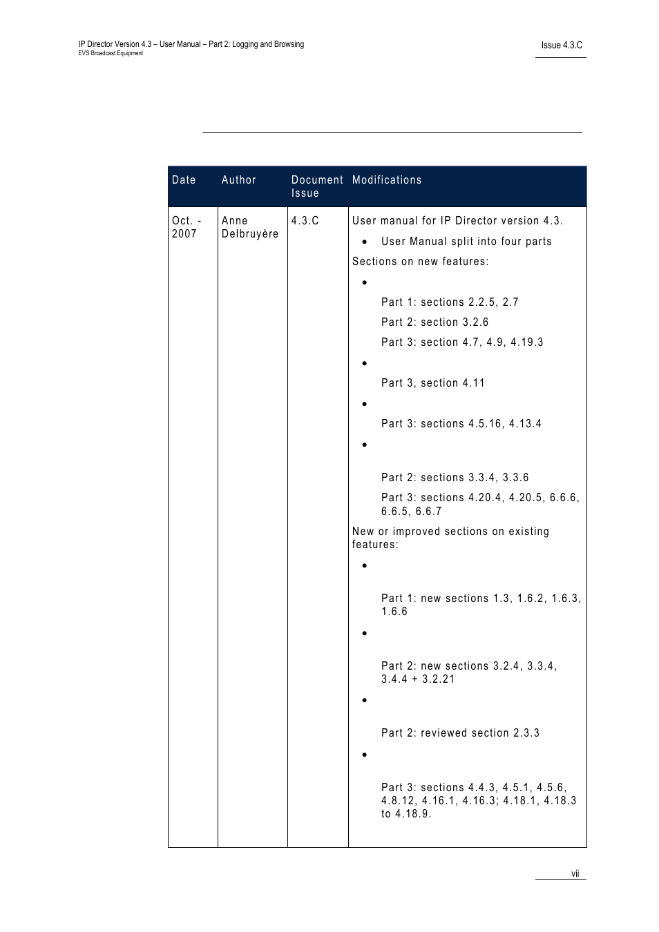 Document history | EVS IPDirector Version 4.3 - October 2007 Part 2 User's Manual User Manual | Page 8 / 143
