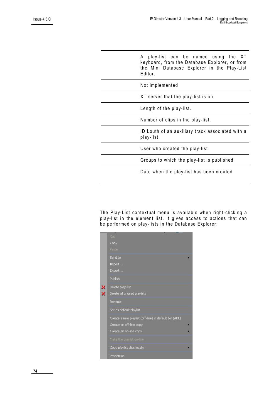 4 play-list contextual menu, Play-list contextual menu, Ontextual | EVS IPDirector Version 4.3 - October 2007 Part 2 User's Manual User Manual | Page 87 / 143