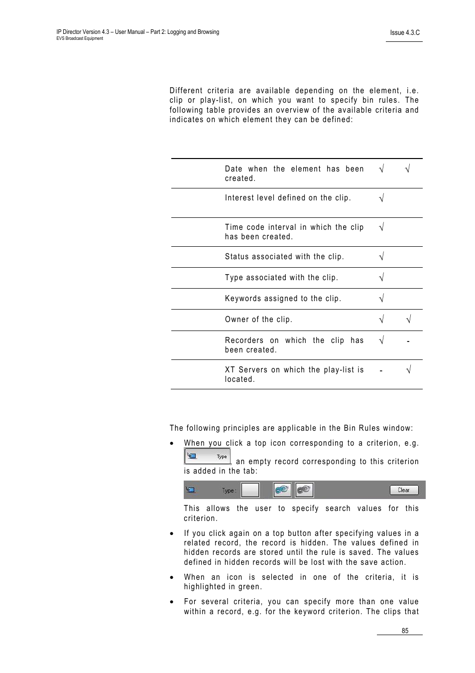 Criteria overview, Principles for criteria definition | EVS IPDirector Version 4.3 - October 2007 Part 2 User's Manual User Manual | Page 98 / 143