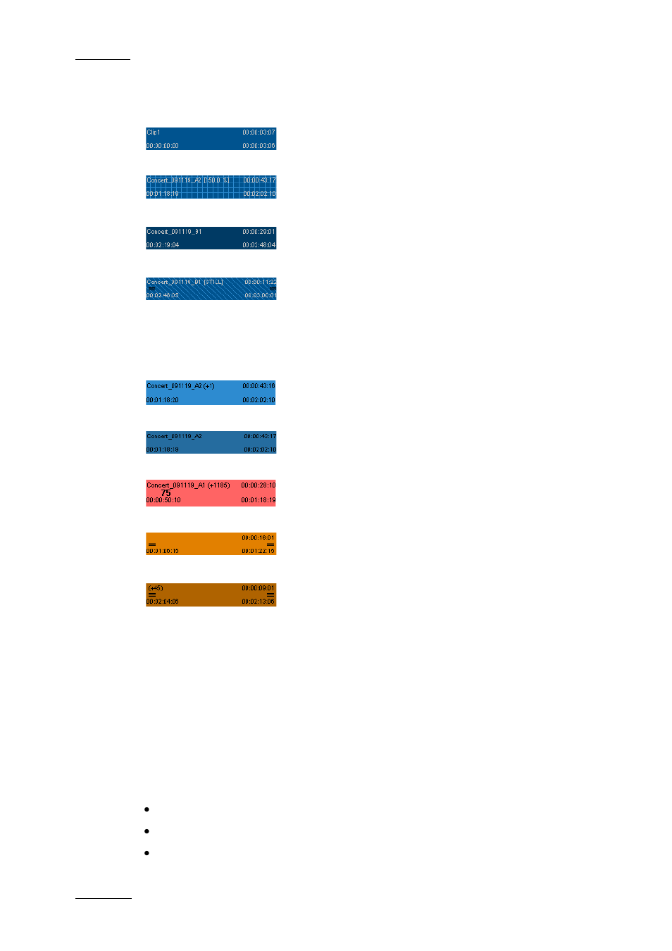 Colors on the video track, Colors on the audio track, 7 contextual menus for timeline elements | Introduction, Contextual menus for timeline elements, Ontextual, Enus for, Imeline, Lements | EVS XEDIO CleanEdit Version 4.2 - June 2012 User Manual User Manual | Page 104 / 252