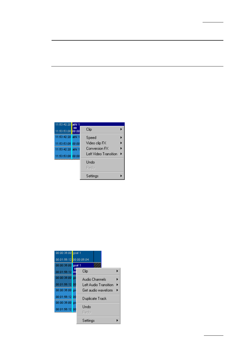 Commands applicable to video elements, Commands applicable to audio elements | EVS XEDIO CleanEdit Version 4.2 - June 2012 User Manual User Manual | Page 107 / 252