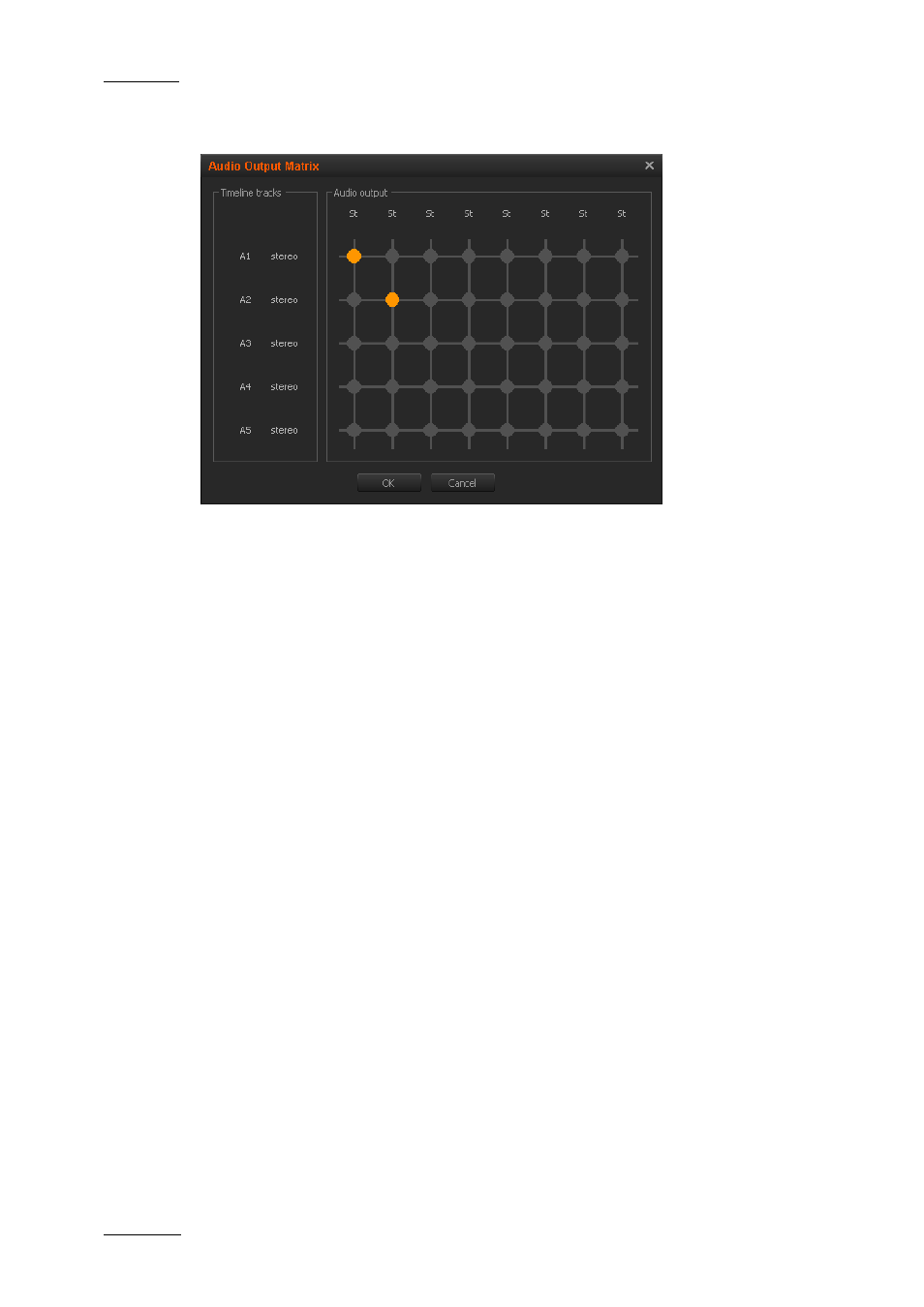 Audio output matrix overview, Timeline tracks area, Audio output area | Matrix | EVS XEDIO CleanEdit Version 4.2 - June 2012 User Manual User Manual | Page 112 / 252