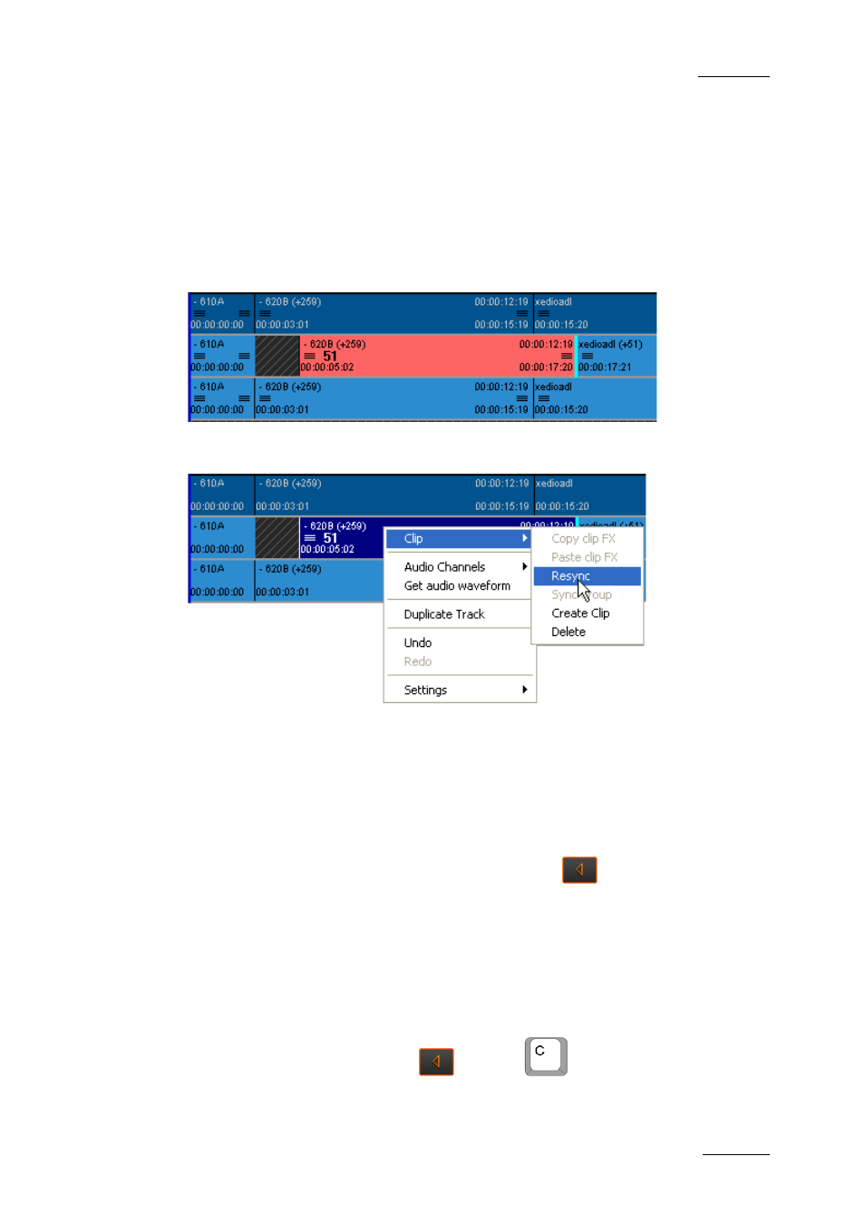 7 tidying up and organizing the edit, 1 resynchronizing associated clip elements, 2 removing blank areas on a timeline | Procedure, Tidying up and organizing the edit, Resynchronizing associated clip elements, Removing blank areas on a timeline, O 7.7.1 ‘resynchronizing associated clip, Elements | EVS XEDIO CleanEdit Version 4.2 - June 2012 User Manual User Manual | Page 139 / 252