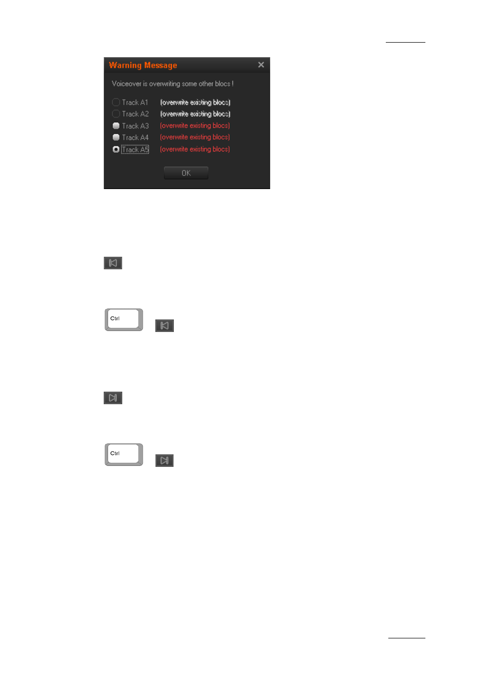 Checking the recorded voiceover, Go to voiceover mark in, Go to voiceover mark out | EVS XEDIO CleanEdit Version 4.2 - June 2012 User Manual User Manual | Page 209 / 252