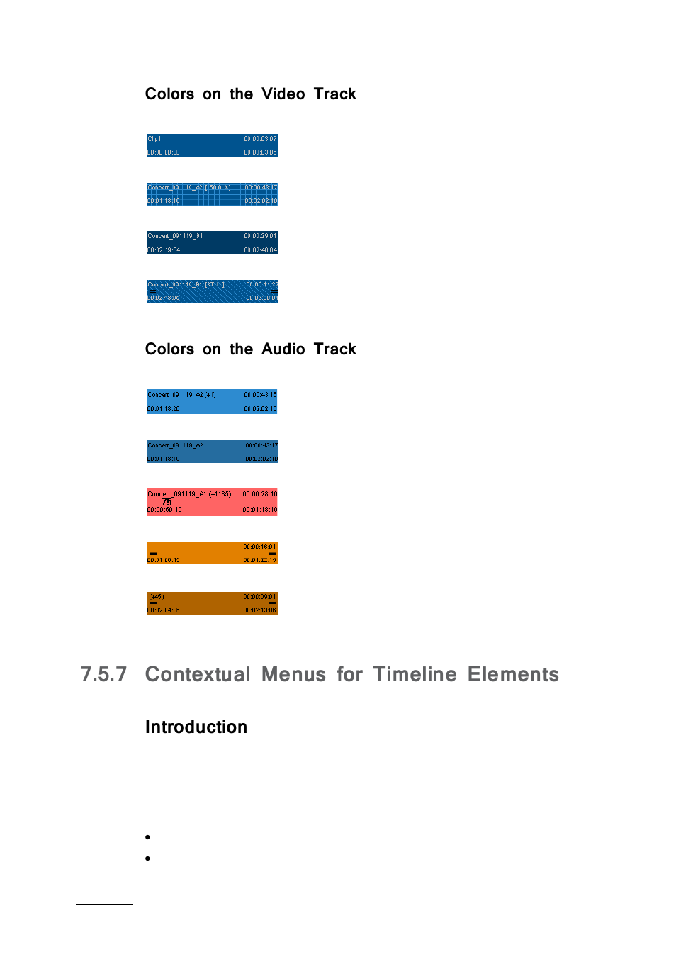 Colors on the video track, Colors on the audio track, 7 contextual menus for timeline elements | Introduction, Contextual menus for timeline elements | EVS IPDirector IPD XEDIO PLUGIN Version 6.0 - January 2013 User Manual User Manual | Page 104 / 222