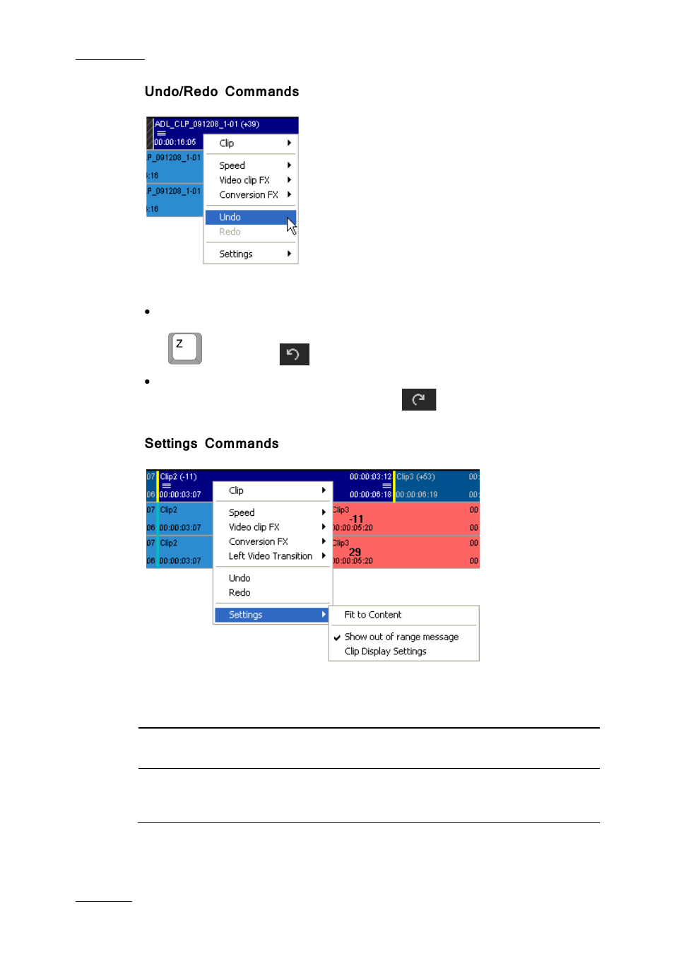 Undo/redo commands, Settings commands | EVS IPDirector IPD XEDIO PLUGIN Version 6.0 - January 2013 User Manual User Manual | Page 106 / 222