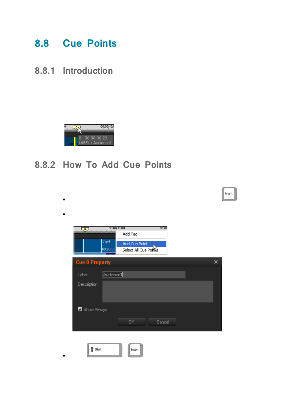 8 cue points, 1 introduction, 2 how to add cue points | Cue points, Introduction, How to add cue points, 8 ‘cue points | EVS IPDirector IPD XEDIO PLUGIN Version 6.0 - January 2013 User Manual User Manual | Page 141 / 222