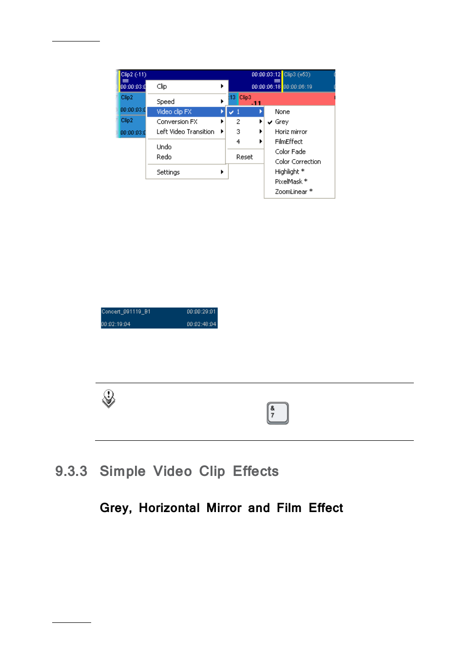 3 simple video clip effects, Grey, horizontal mirror and film effect, Simple video clip effects | EVS IPDirector IPD XEDIO PLUGIN Version 6.0 - January 2013 User Manual User Manual | Page 164 / 222