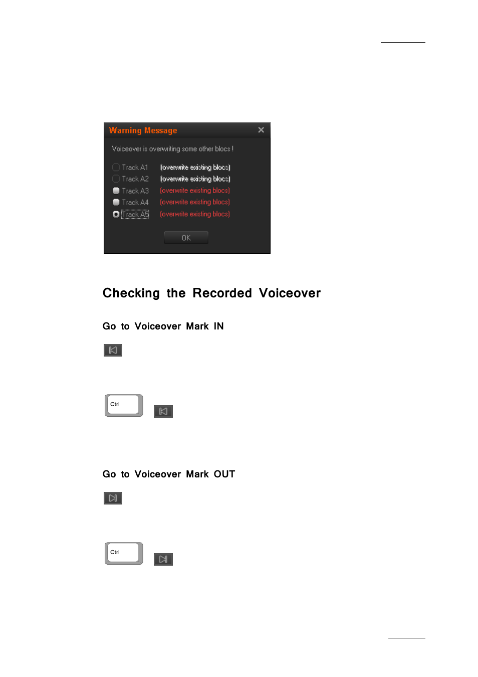 Checking the recorded voiceover, Go to voiceover mark in, Go to voiceover mark out | Ge 183) | EVS IPDirector IPD XEDIO PLUGIN Version 6.0 - January 2013 User Manual User Manual | Page 193 / 222