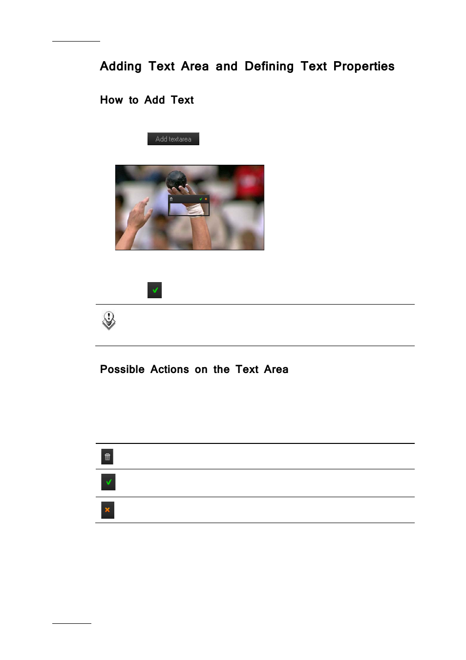 Adding text area and defining text properties, How to add text, Possible actions on the text area | EVS IPDirector IPD XEDIO PLUGIN Version 6.0 - January 2013 User Manual User Manual | Page 204 / 222
