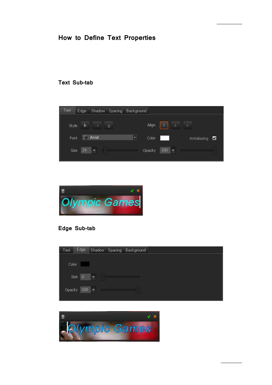 How to define text properties, Text sub-tab, Edge sub-tab | EVS IPDirector IPD XEDIO PLUGIN Version 6.0 - January 2013 User Manual User Manual | Page 205 / 222