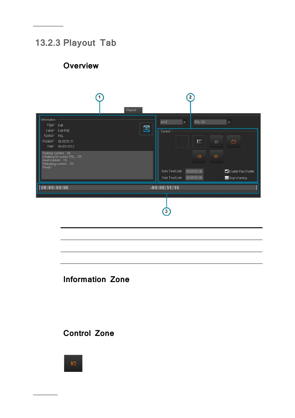 3 playout tab, Overview, Information zone | Control zone, Playout tab | EVS IPDirector IPD XEDIO PLUGIN Version 6.0 - January 2013 User Manual User Manual | Page 216 / 222