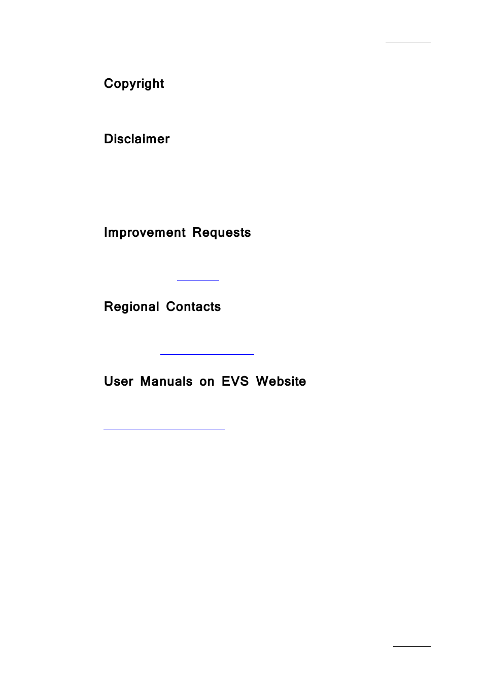 Copyright, Disclaimer, Improvement requests | Regional contacts, User manuals on evs website | EVS IPDirector IPD XEDIO PLUGIN Version 6.0 - January 2013 User Manual User Manual | Page 3 / 222