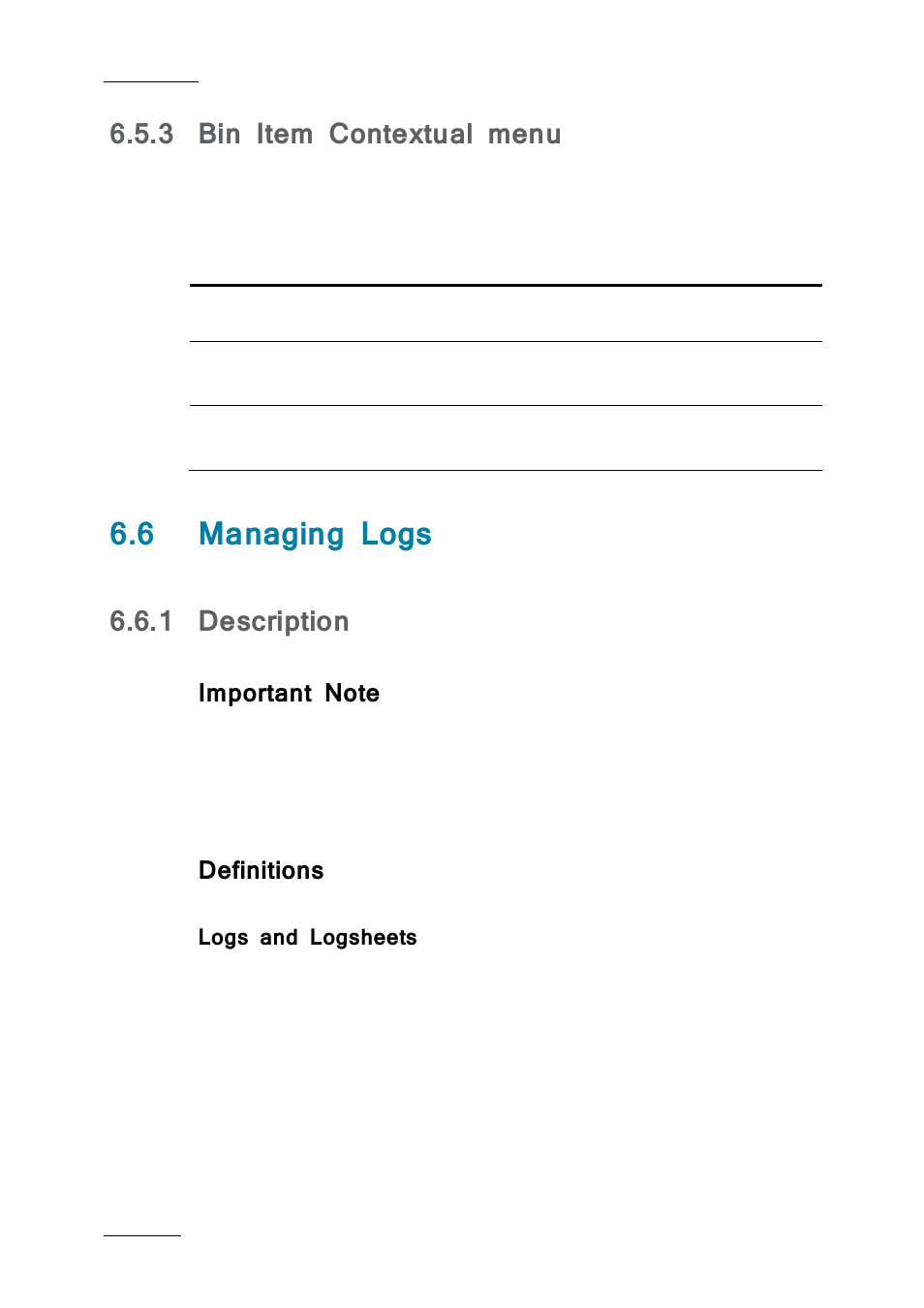 3 bin item contextual menu, 6 managing logs, 1 description | Important note, Definitions, Logs and logsheets, Bin item contextual menu, Managing logs, Description | EVS IPDirector IPD XEDIO PLUGIN Version 6.0 - January 2013 User Manual User Manual | Page 66 / 222