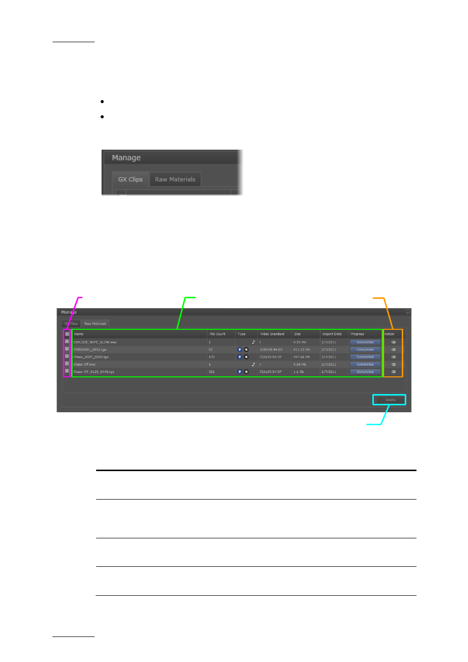 3 manage area, Raw material tab, Manage area | Anage | EVS GX Version 1.5 - September 2011 User’s Manual User Manual | Page 34 / 72
