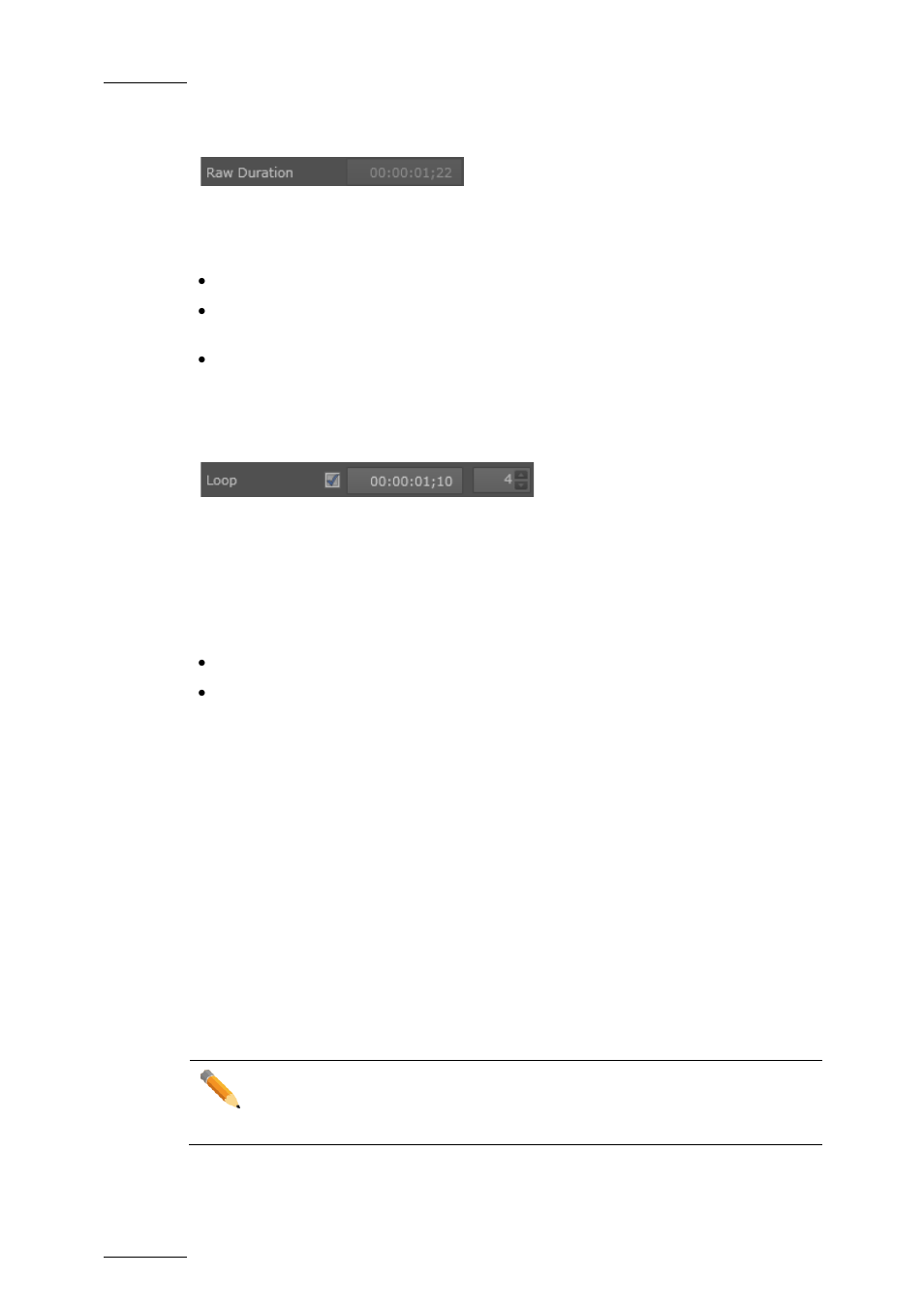 Video) raw duration field, Video) loop fields, Loop check box | Loop point field, Loop recurrence field, On ‘(video) loop fields | EVS GX Version 1.5 - September 2011 User’s Manual User Manual | Page 62 / 72