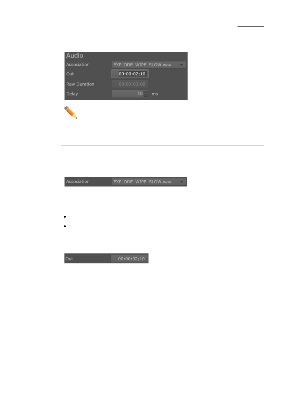 6 audio settings in the edit gx clips window, Audio) association field, Audio) out field | Example, Audio settings in the edit gx clips window, Ge 55 | EVS GX Version 1.5 - September 2011 User’s Manual User Manual | Page 63 / 72