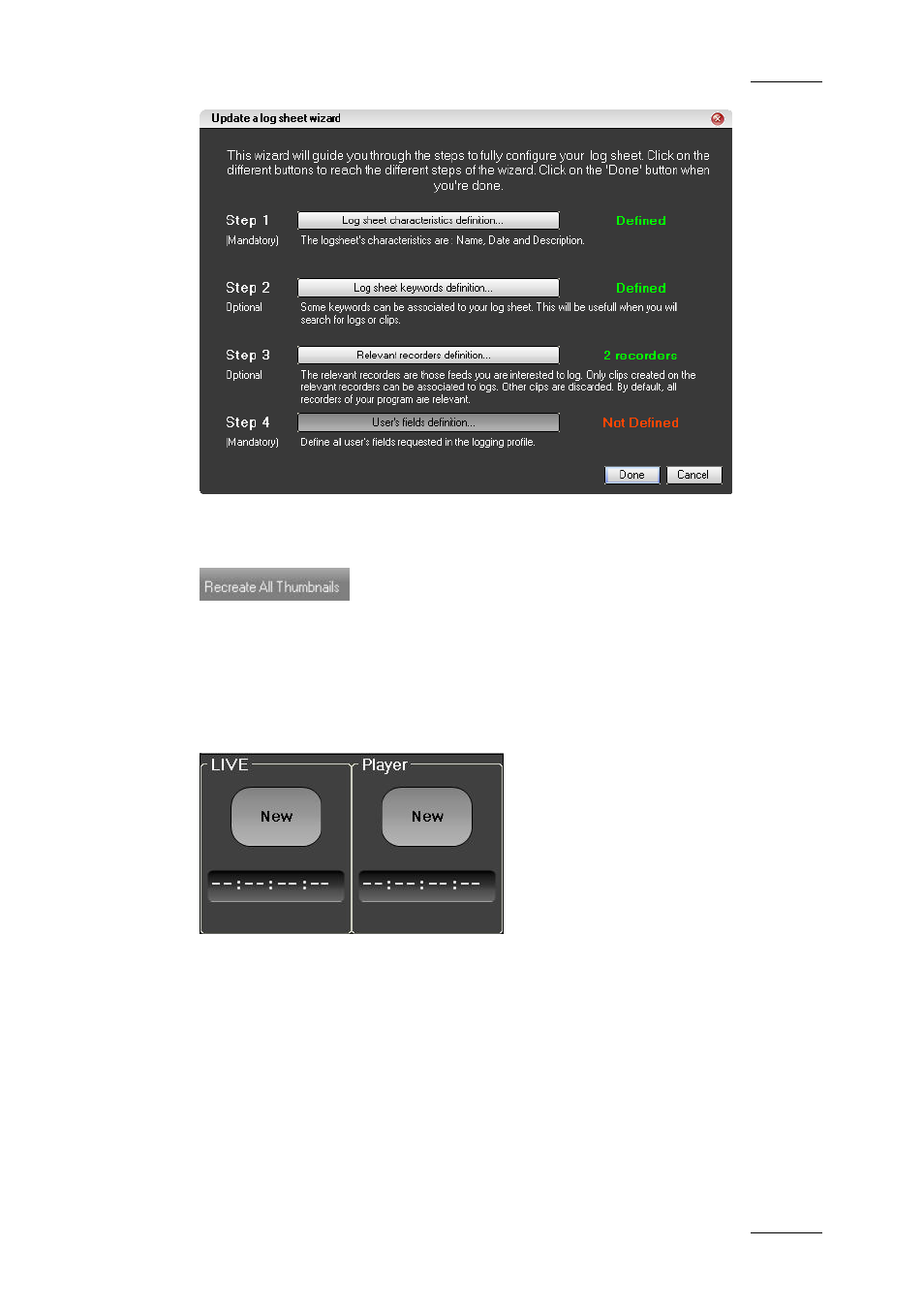 Recreate all thumbnails button, 4 logging buttons, Logging buttons | Ogging, Uttons | EVS IPDirector Version 5.8 - July 2010 Part 2 User's Manual User Manual | Page 18 / 93