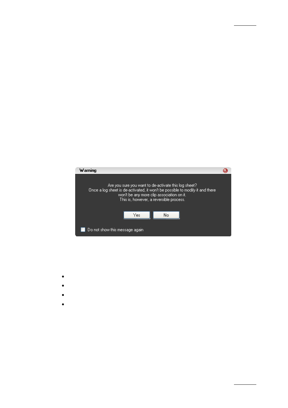 9 de-activating a log sheet, 1 how to de-activate a log sheet, 2 re-activating a log sheet | De-activating a log sheet, How to de-activate a log sheet, Re-activating a log sheet, Ow to, Ctivate a, Heet, Ctivating a | EVS IPDirector Version 5.8 - July 2010 Part 2 User's Manual User Manual | Page 54 / 93