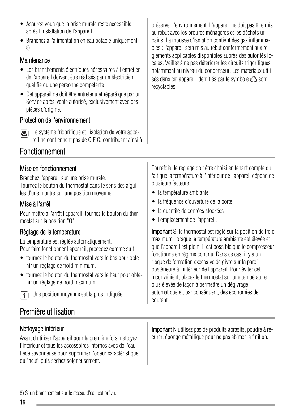 Fonctionnement, Première utilisation | Zanussi ZRT 724 W User Manual | Page 16 / 52