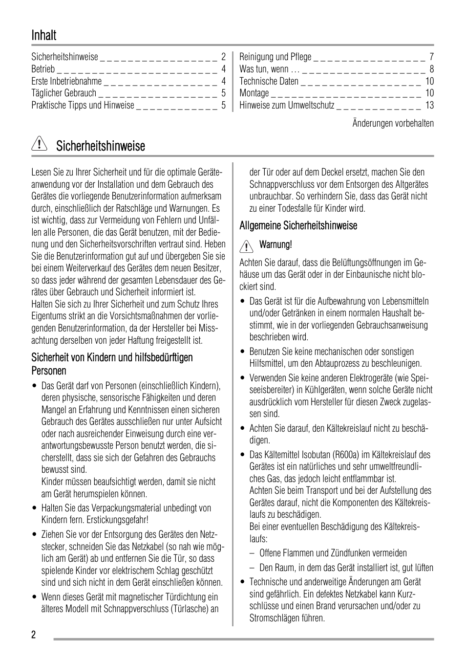 Inhalt, Sicherheitshinweise | Zanussi ZRT 724 W User Manual | Page 2 / 52