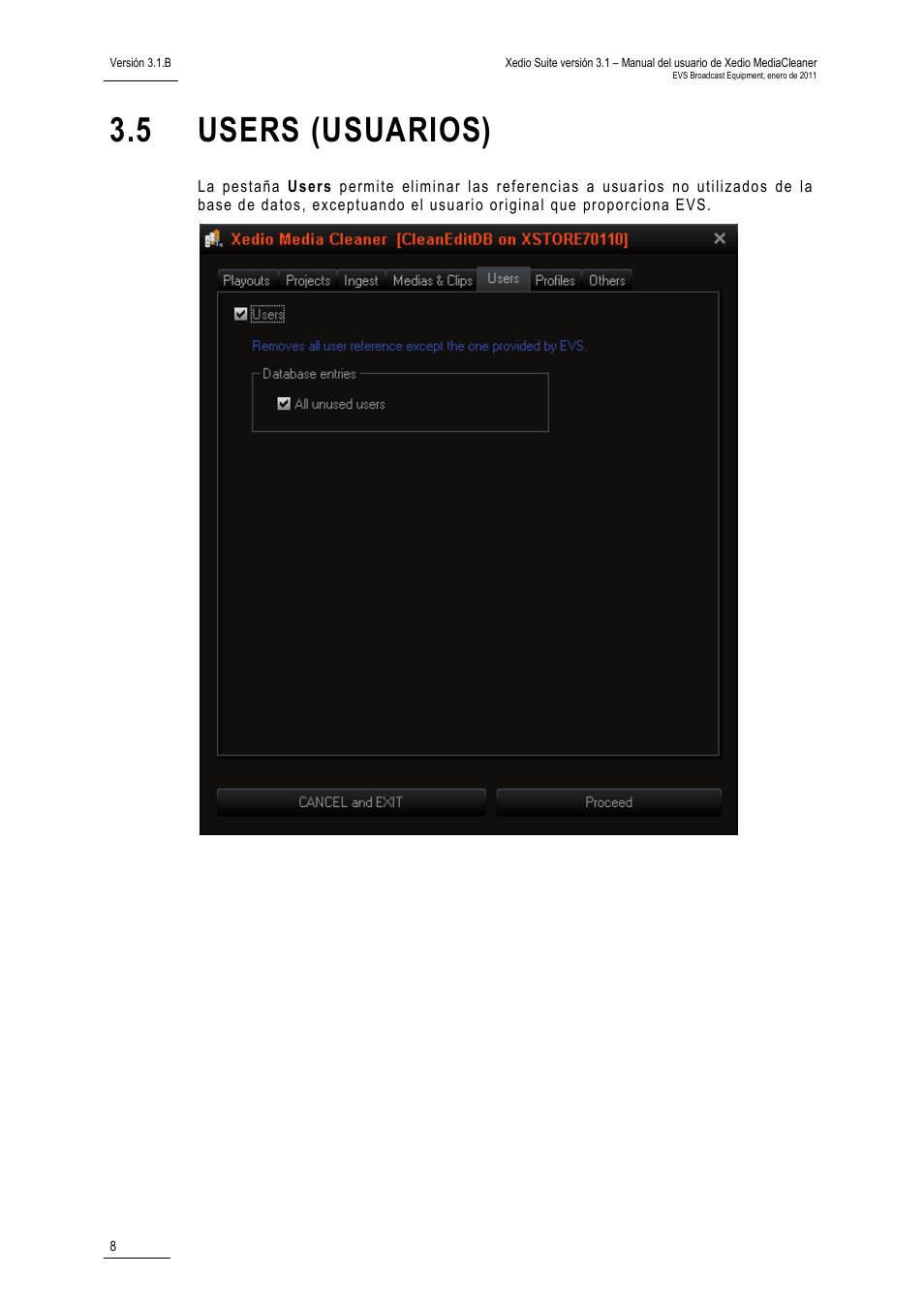 5 users (usuarios), Profiles (perfiles) | EVS XEDIO Media Cleaner Version 3.1 - January 2011 User Manual User Manual | Page 14 / 18