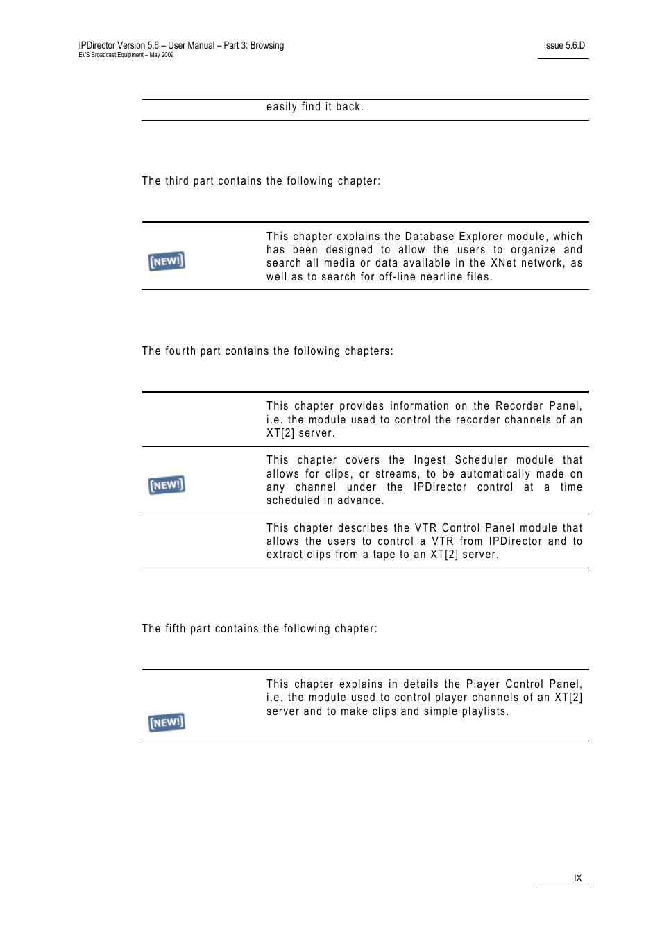 Part 3: browsing, Part 4: ingest, Part 5: playout – control panel | EVS IPDirector Version 5.6 - May 2009 Part 3 User's Manual User Manual | Page 10 / 131