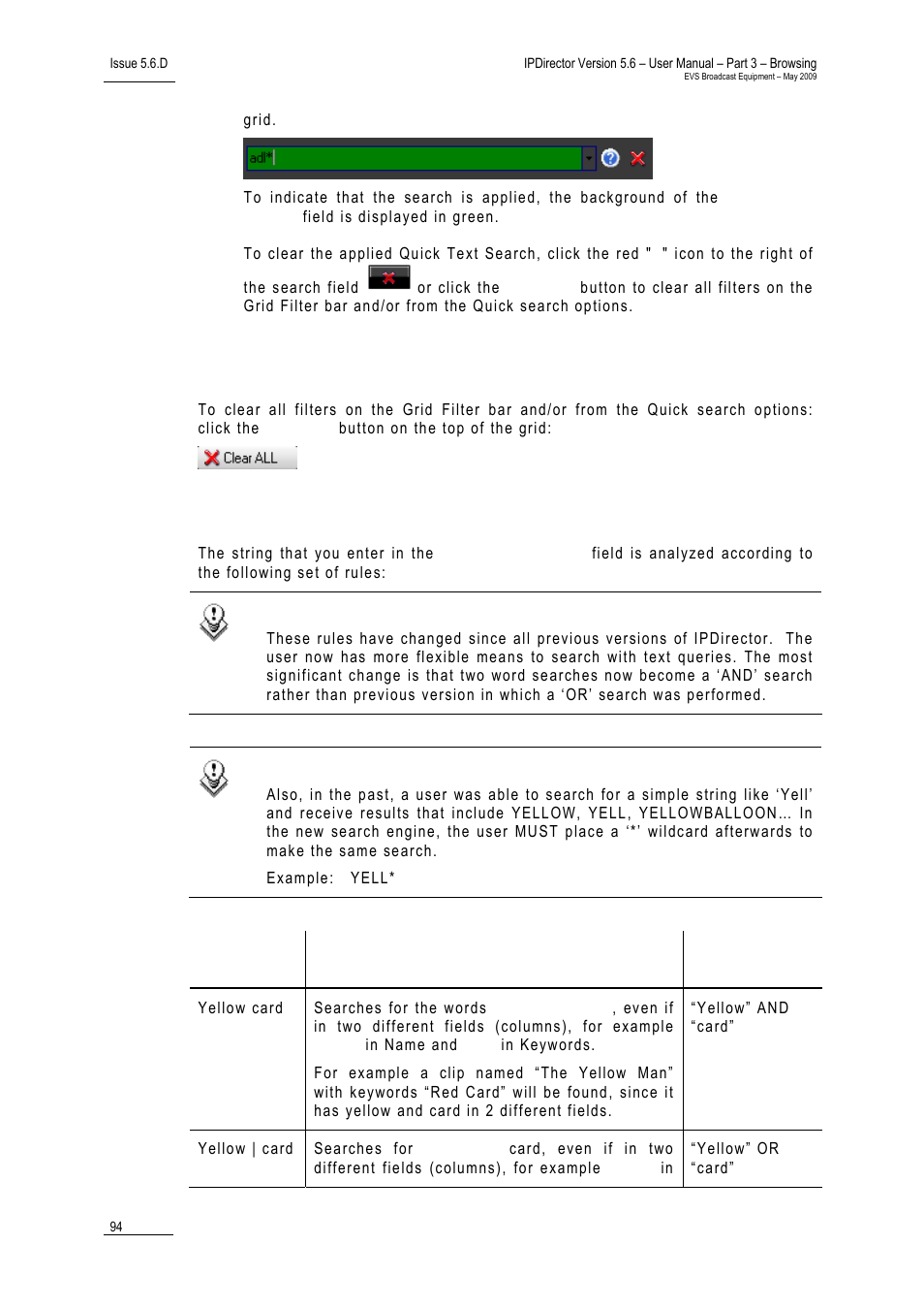 How to clear all filters on the grid filter bar, Quick text search rules, 2 quick text search | EVS IPDirector Version 5.6 - May 2009 Part 3 User's Manual User Manual | Page 105 / 131