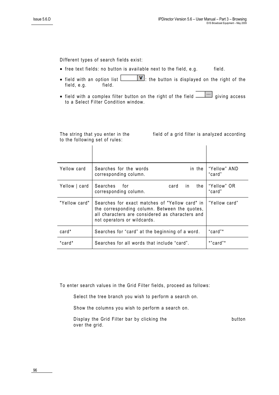 1 search fields types, 2 grid filter rules, 4 grid filters | Earch, Ields, Ypes, Ilter, Ules, Ow to, Erform a | EVS IPDirector Version 5.6 - May 2009 Part 3 User's Manual User Manual | Page 107 / 131