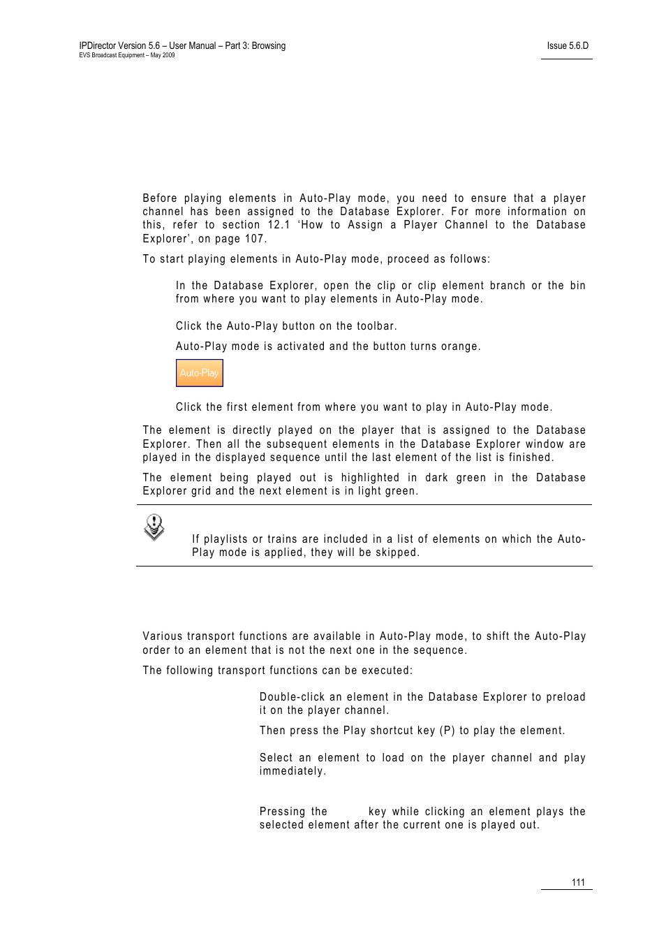 4 playing a list of elements, 2 modifying the playout sequence in auto-play mode, 1 how to load and immediately play an element | EVS IPDirector Version 5.6 - May 2009 Part 3 User's Manual User Manual | Page 122 / 131