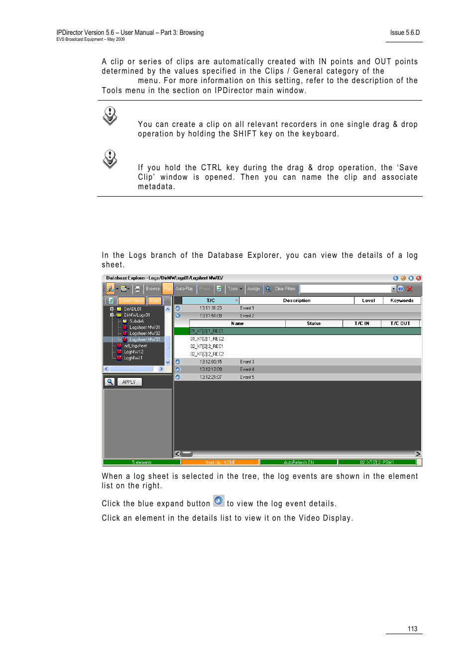 7 viewing log event details, 5 viewing a log sheet event | EVS IPDirector Version 5.6 - May 2009 Part 3 User's Manual User Manual | Page 124 / 131