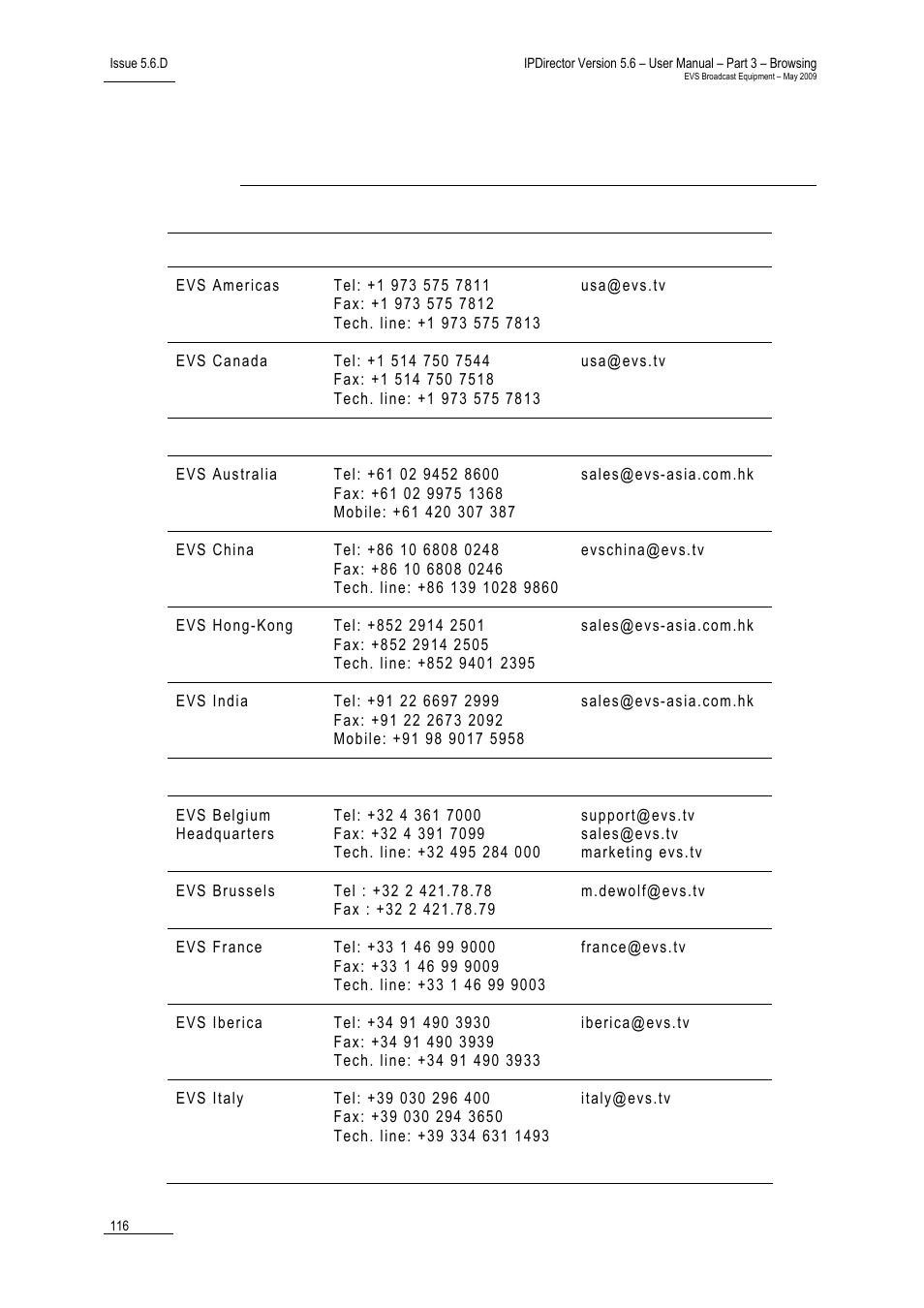 Regional contacts | EVS IPDirector Version 5.6 - May 2009 Part 3 User's Manual User Manual | Page 127 / 131