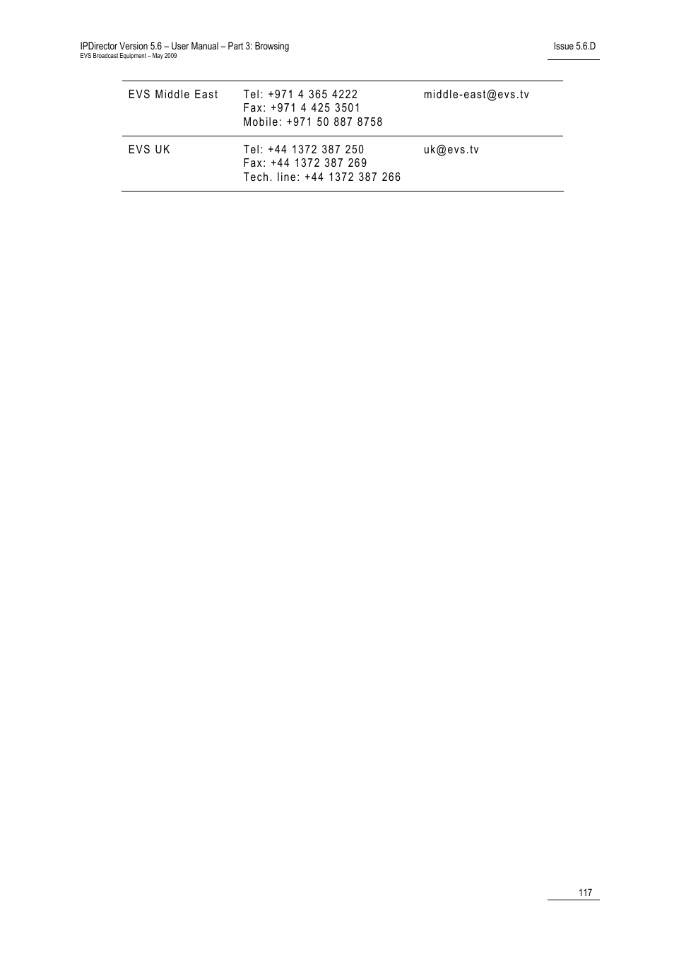 Regional contacts | EVS IPDirector Version 5.6 - May 2009 Part 3 User's Manual User Manual | Page 128 / 131