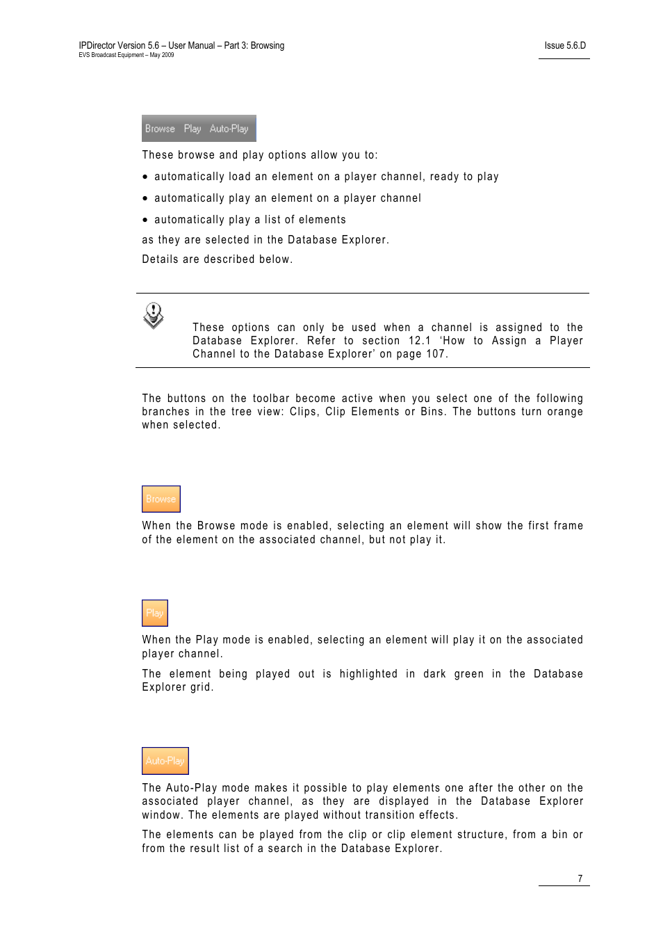 3 browse and play options, Browse mode, Play mode | Auto-play mode, Rowse and, Ptions | EVS IPDirector Version 5.6 - May 2009 Part 3 User's Manual User Manual | Page 18 / 131