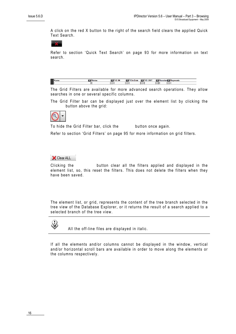 Grid filter bar, Clear all button, 2 element grid | Lement | EVS IPDirector Version 5.6 - May 2009 Part 3 User's Manual User Manual | Page 27 / 131