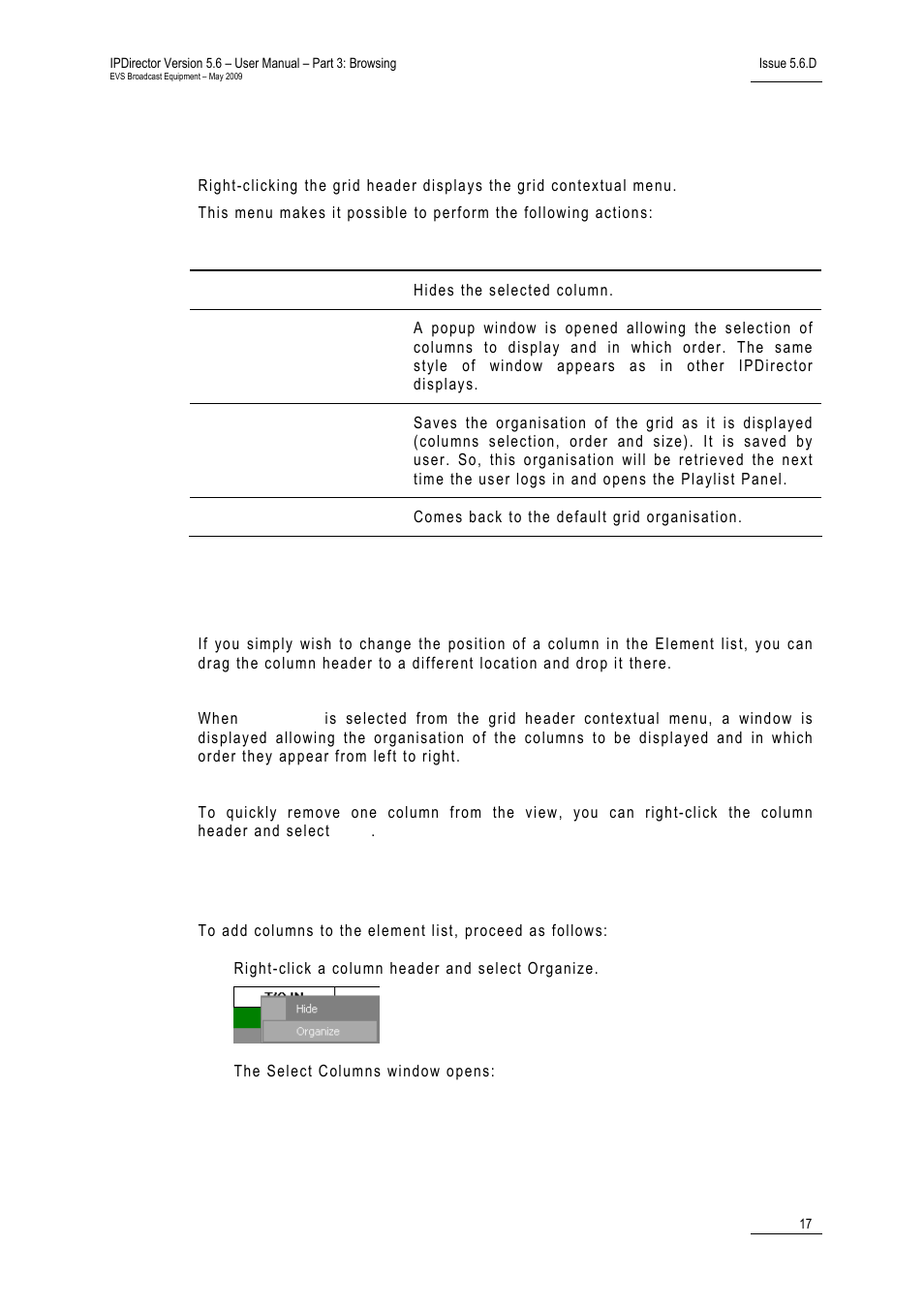 Grid header contextual menu, Organizing columns in the element list, How to add columns to the element list | EVS IPDirector Version 5.6 - May 2009 Part 3 User's Manual User Manual | Page 28 / 131