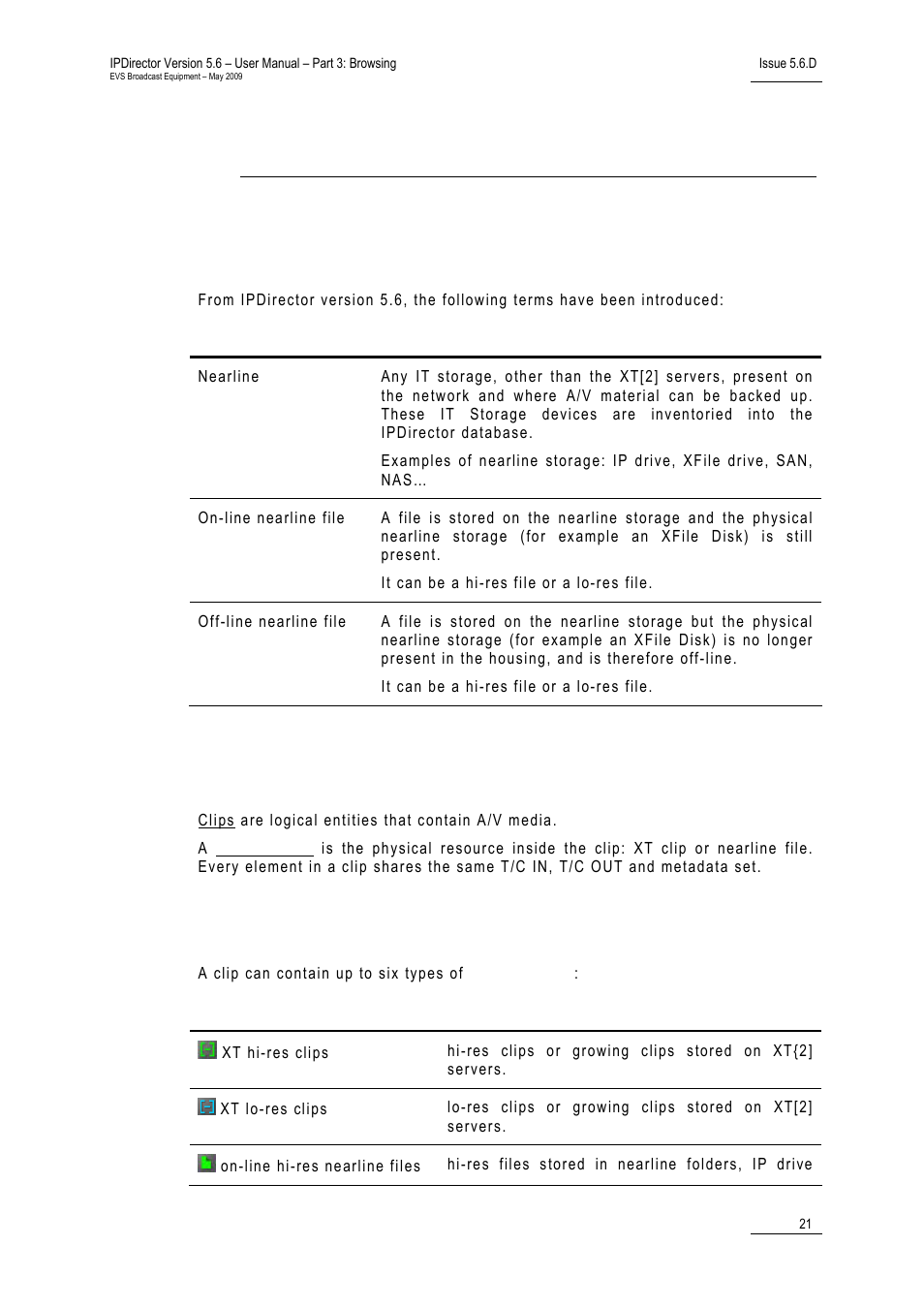 1 terminology, 2 what comprises a clip, 1 clip element types | Clips, clip elements and nearline files, And nearline files, Lement, Ypes | EVS IPDirector Version 5.6 - May 2009 Part 3 User's Manual User Manual | Page 32 / 131