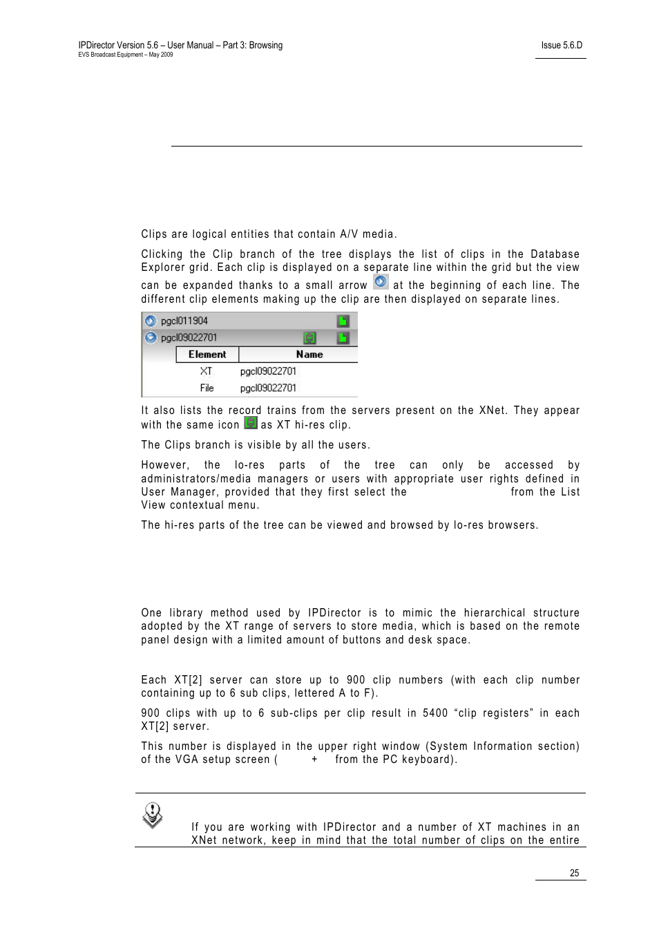 Clips view, 1 introduction, 2 understanding xt clip structure | 4 ‘clips view, 25 fo | EVS IPDirector Version 5.6 - May 2009 Part 3 User's Manual User Manual | Page 36 / 131