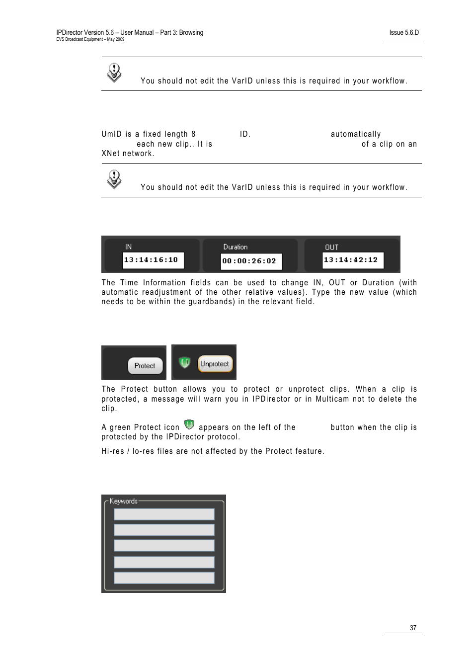 Umid, Time information fields, Protect / unprotect | Keywords | EVS IPDirector Version 5.6 - May 2009 Part 3 User's Manual User Manual | Page 48 / 131