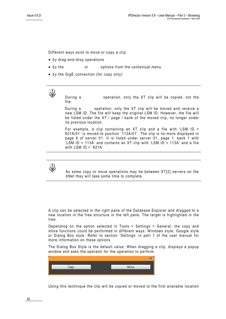 8 copying or moving a clip, 1 copying or moving a clip using drag-and-drop, Opying or | Oving a, Sing | EVS IPDirector Version 5.6 - May 2009 Part 3 User's Manual User Manual | Page 51 / 131