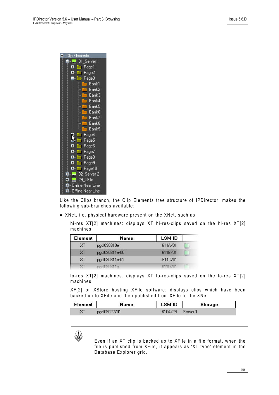 2 clip elements tree structure, Clip elements view, 1 introduction | 1 limitations | EVS IPDirector Version 5.6 - May 2009 Part 3 User's Manual User Manual | Page 66 / 131