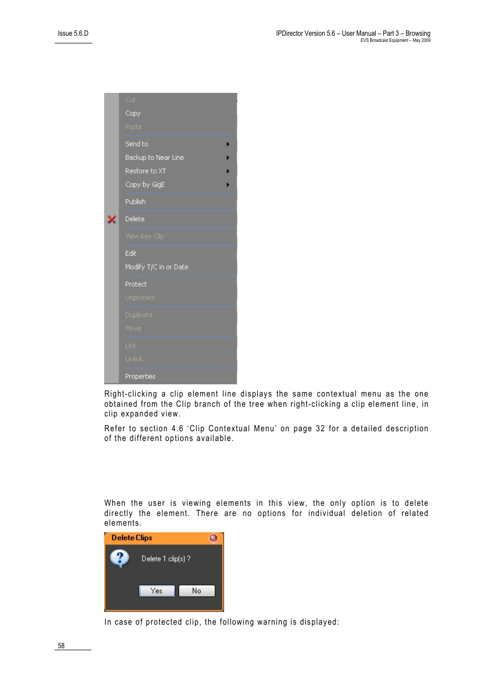 4 clip element contextual menu, 5 deleting clip elements | EVS IPDirector Version 5.6 - May 2009 Part 3 User's Manual User Manual | Page 69 / 131