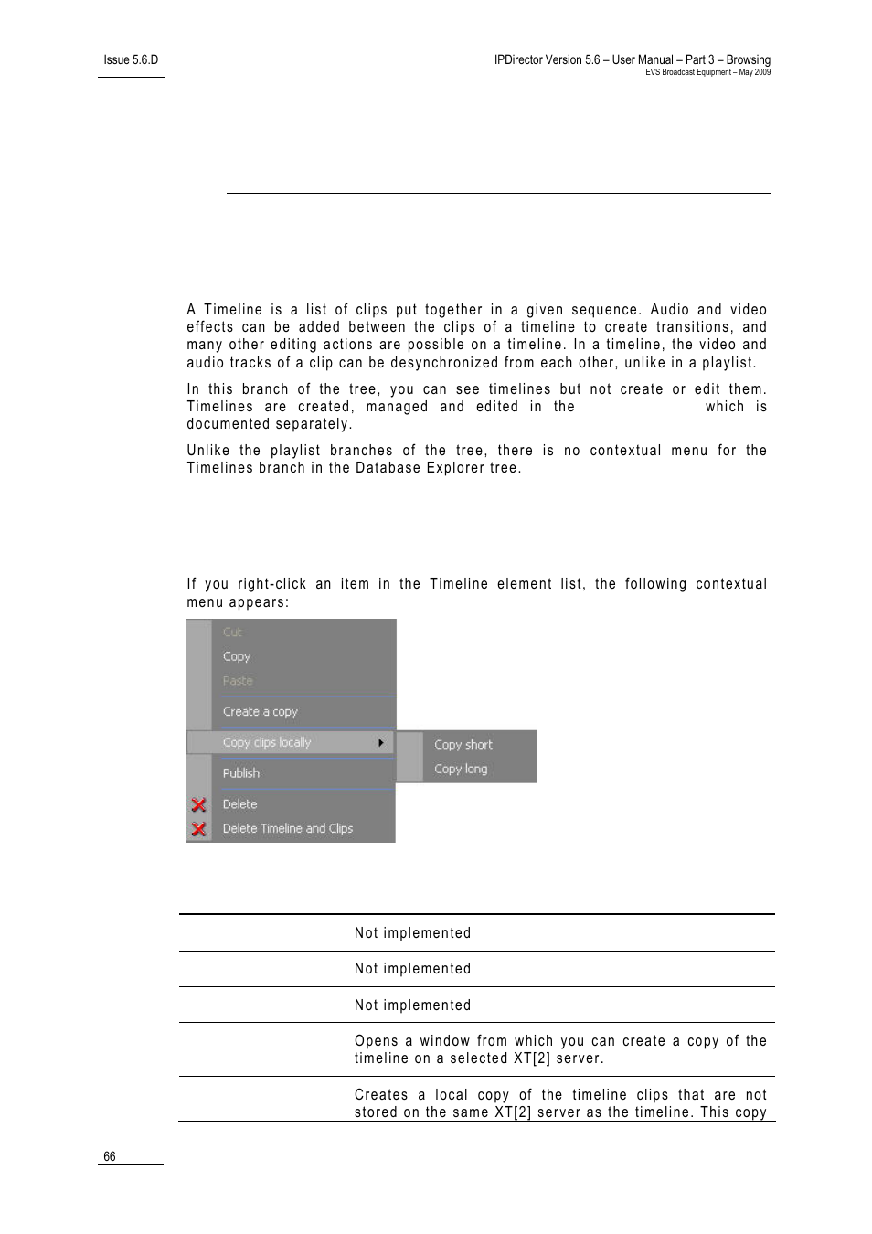 Timelines view, 1 introduction, 2 timeline contextual menu | 7 ‘timelines view, 66 fo | EVS IPDirector Version 5.6 - May 2009 Part 3 User's Manual User Manual | Page 77 / 131
