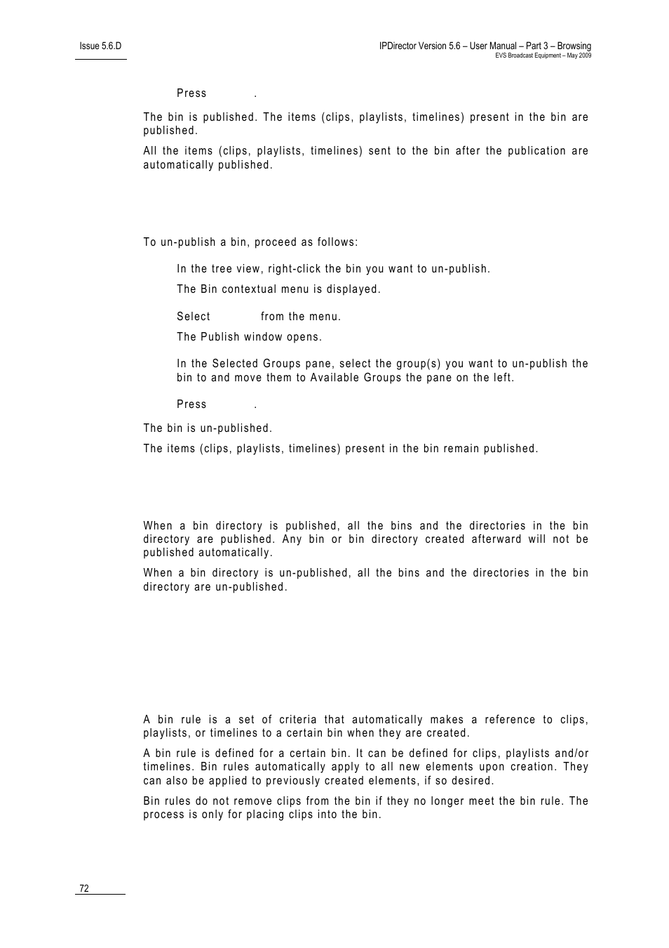2 how to un-publish a bin, 3 rules when publishing a bin directory, 8 bin rules | 1 what is a bin rule, 6 opening a bin in a separate bin window, 7 publishing a bin or a bin directory, 1 how to publish a bin | EVS IPDirector Version 5.6 - May 2009 Part 3 User's Manual User Manual | Page 83 / 131