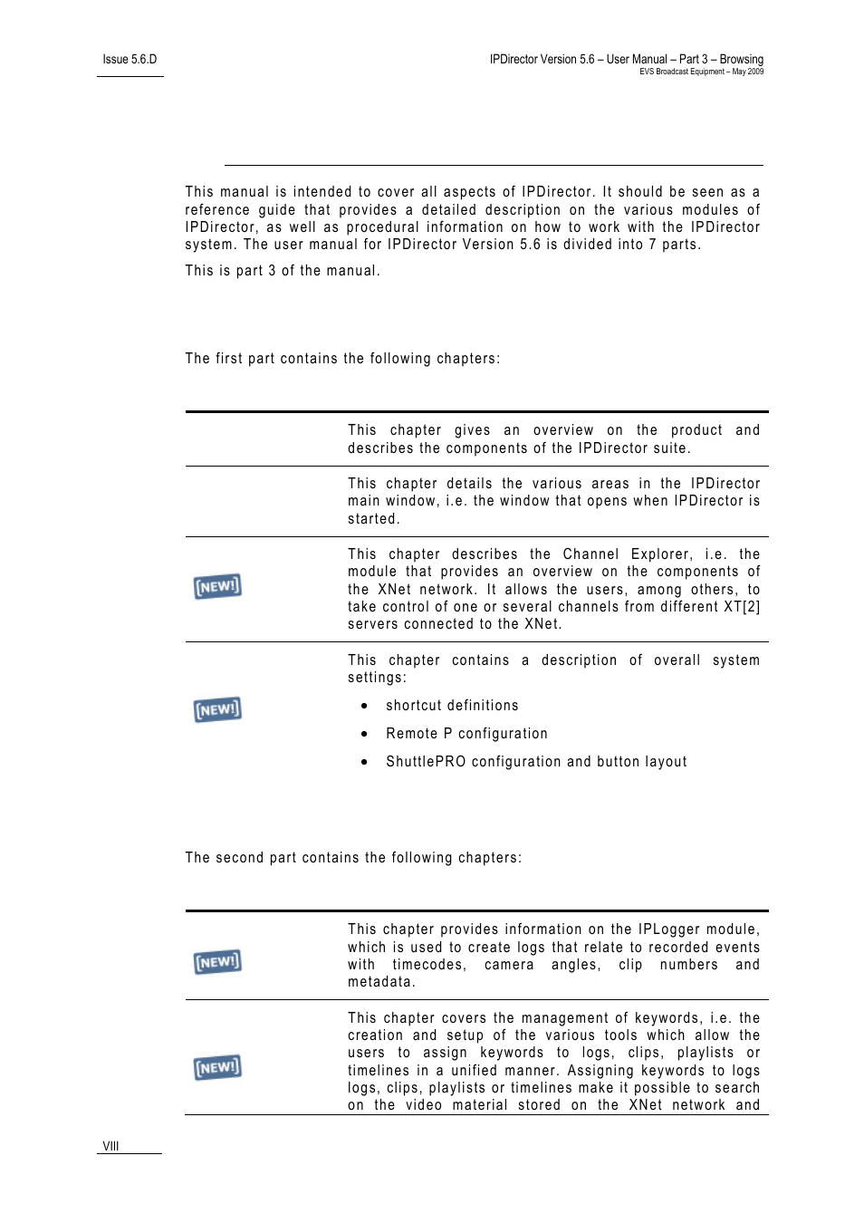 Part 1: general workspace, Part 2: logging, About this manual | EVS IPDirector Version 5.6 - May 2009 Part 3 User's Manual User Manual | Page 9 / 131