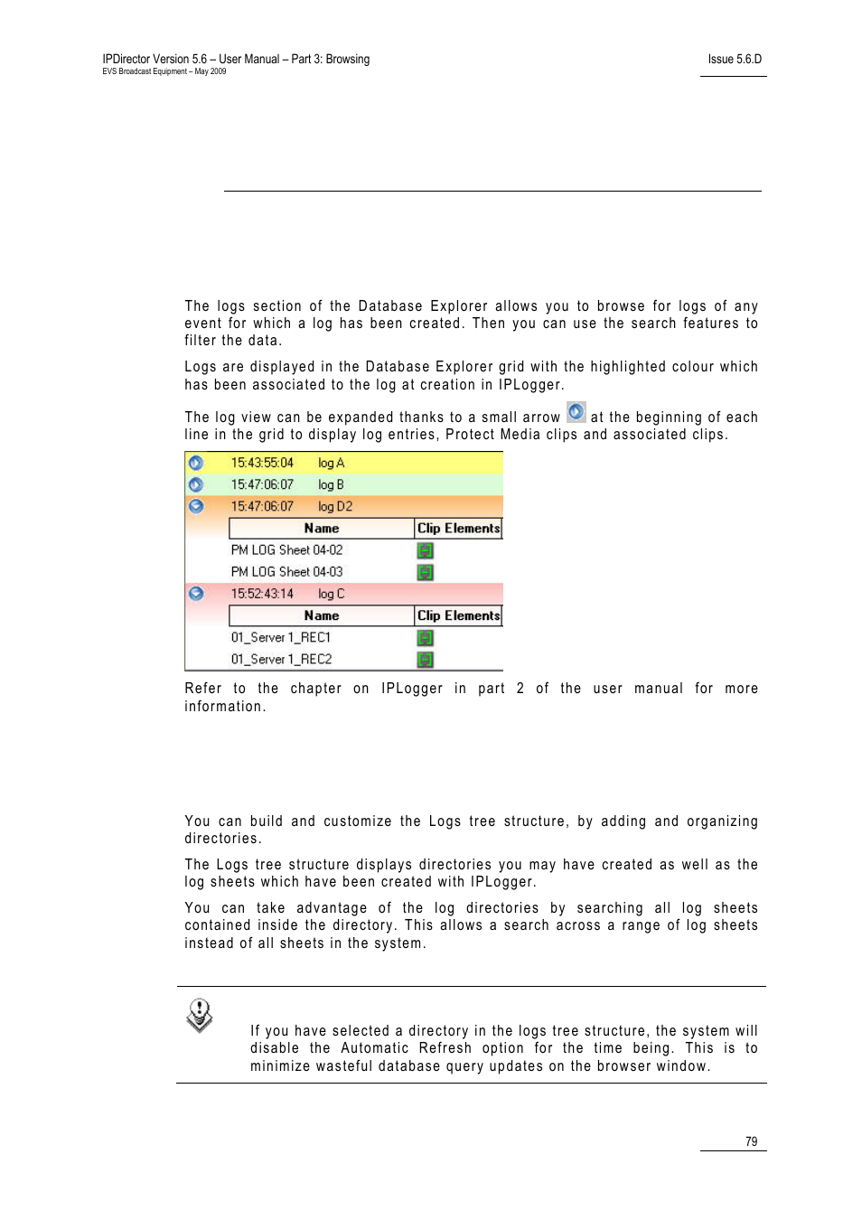Logs view, 1 introduction, 2 logs tree structure | 9 ‘logs view, 79 fo | EVS IPDirector Version 5.6 - May 2009 Part 3 User's Manual User Manual | Page 90 / 131